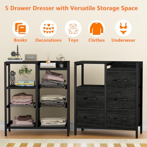 Black Dresser for Bedroom, 5 Drawer Small Fabric Closet Dresser | Small Chest of Drawers, Storage Cabinet Organizer with 2 Tier Shelf, Drawer Units with Metal Frame, Dresser for Dorm, Hallway
