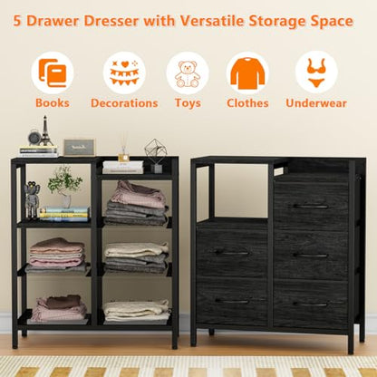 Black Dresser for Bedroom, 5 Drawer Small Fabric Closet Dresser | Small Chest of Drawers, Storage Cabinet Organizer with 2 Tier Shelf, Drawer Units with Metal Frame, Dresser for Dorm, Hallway