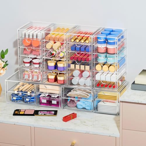 4-Pack 22-Drawer Acrylic Storage & Makeup Organizer for Desk | Smooth-glide drawers, clear acrylic, stackable, dustproof, wipe clean, for office supplies, pens, paper clips, thumb drives