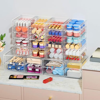 4-Pack 22-Drawer Acrylic Storage & Makeup Organizer for Desk | Smooth-glide drawers, clear acrylic, stackable, dustproof, wipe clean, for office supplies, pens, paper clips, thumb drives
