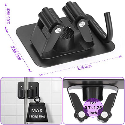 Stainless Steel Broom Holder, Heavy Duty, Rust Resistant, 4 Gripper Positions with 4 Hooks, Black | Drill-Mounted Gripper Rack Holds Brooms, Mops and Garden Tools Safely in the Laundry Room, Kitchen, Garage, Garden and Shed