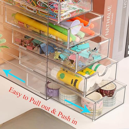 Hipiwe Plastic Drawer Organizer Desktop Storage Box with 6 Pull Out Drawers | Clear Compact Drawers Box for Cabinet Vanity Bathroom Bedroom Pantry Shelf Office Closet Organization