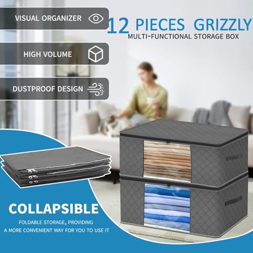 12 Pack Clothes Organizer Storage Bags, 35l Large Capacity, Foldable Underbed Storage Bags, with Clear Window Reinforced Handles for Blankets, Clothes, Comforters, Grey