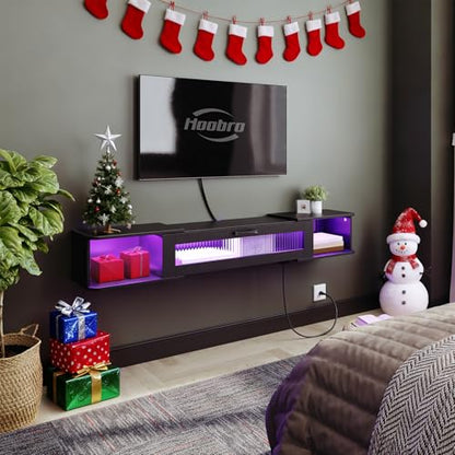 HOOBRO Floating TV Stand with LED Light Power Outlet for TVs up to 65”, Wall Mounted TV Shelf, Modern Media Console Entertainment Center Under TV, for Living Room Bedroom, Black BK34UDDS01G1