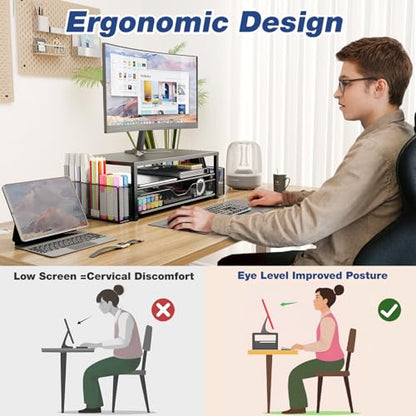Desk Organizer and Accessories, 2-Tier Computer Monitor Stand Riser with Drawer and 2 Pen Holders, Laptop Stand, Office Desk Accessories for Office Supplies, 1 Pack, White