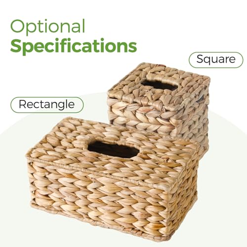 Wicker Tissue Box Cover Square, Handwoven Facial Tissue Napkin Box Holder | Natural Water Hyacinth, Decorative Tissue Cover Tissue Holder for Bathroom Bedroom Office Table Desk Night Stand, Boho Decor