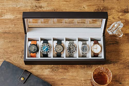 CASE ELEGANCE 6-Slot Wood Watch Box with Glass Top - Espresso | Watch Case, solid wood, magnetic closure, pillow stands