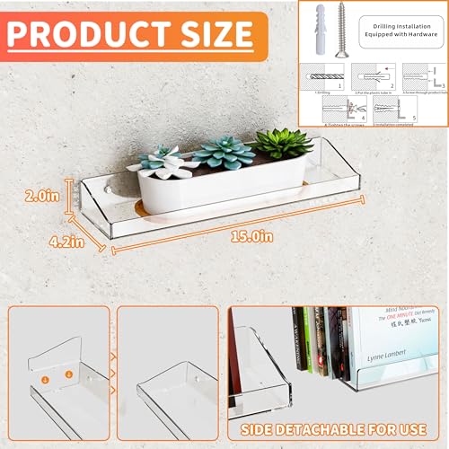 Clear Acrylic Shelves for Wall with Adhesive,6 PCS 15" No Drill Floating Shelves for Bedroom,Bathroom,Wall Display Shelf for Funko Pop,Lego,Collectibles,Action Figures,Nail Polish,Perfume Shelf