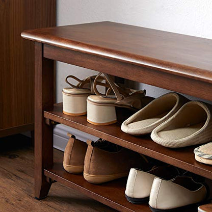 XKZG Shoe Rack Bench Wooden Shoe Storage Bench Entryway Bench, Brown, 31.5" | Rubber wood, Shoe Bench for Entryway, Living Room, Bedroom, Balcony, 31.5"W x 11.8"D x 16.5"H