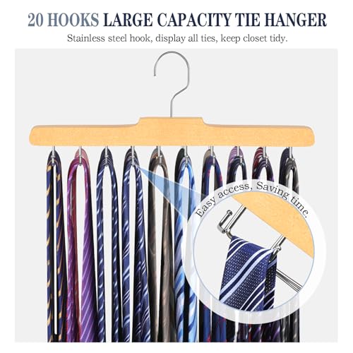 2PC Tie Rack Hanger for Closet, Upgraded Tie Holder Organizer for Men, Wood | Non Slip Neck Tie Organizer with 20 Foldable Hooks, Belt Hanger Space Saving, Fits for Tank Tops Bras Cami Scarves