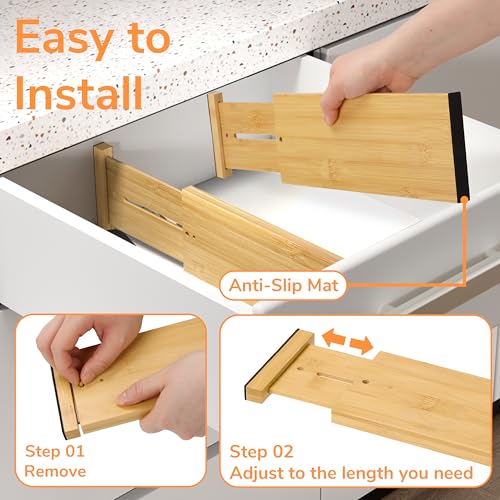 BAMEOS Bamboo Expandable Drawer Dividers – Fits 12.2"–17" Drawers, 4" Extra Deep Walls, Set of 4 | Tall Spring-Loaded Separator for Baby Dresser, Sock Drawer & Bathroom Cabinet