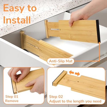 BAMEOS Bamboo Expandable Drawer Dividers – Fits 12.2"–17" Drawers, 4" Extra Deep Walls, Set of 4 | Tall Spring-Loaded Separator for Baby Dresser, Sock Drawer & Bathroom Cabinet