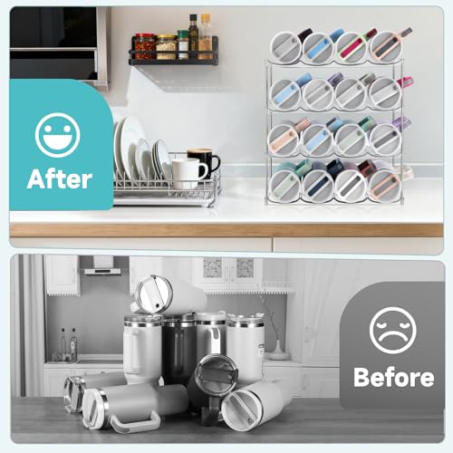 Stackable Water Bottle Organizer Large Compartment Water Bottle Holder | Tumbler Organizer for Stanley 40 oz Cup, Kitchen Cabinet Storage Organizer for Stanley Cup Accessories, 4 Tier Hold 16 Bottle