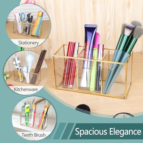 ELEGANTLIFE Clear Glass Makeup Brush Organizer,Luxurious Tempered Glass Cosmetics Brushes Storage Holder for Refined Bathroom Decor (Gold, 3 Sections)