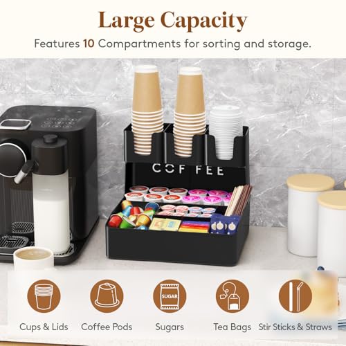 Lifewit 2-tier Coffee Station Organizer Caddy for Countertop, 10 Compartments Coffee Bar Organizers for Cups, Pods, Sugar, Compact Condiment Holders Storage for Office Breakroom Kitchen Home Black