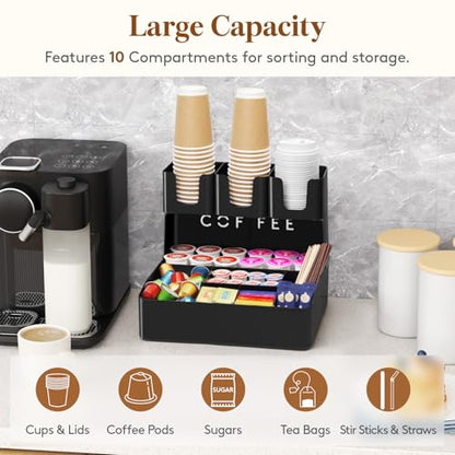 Lifewit 2-tier Coffee Station Organizer Caddy for Countertop, 10 Compartments Coffee Bar Organizers for Cups, Pods, Sugar, Compact Condiment Holders Storage for Office Breakroom Kitchen Home Black