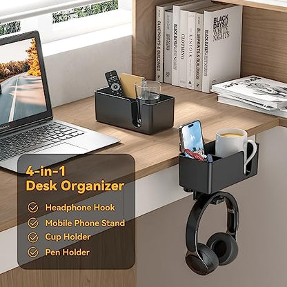 KDD 4 in 1 Desk Cup Holder - Clamp on Under Desk Headphone Hanger - Rotating Headphone Holder Detachable Pen Cup Holder Desktop Storage for Cup, Phone and Pen(Black)