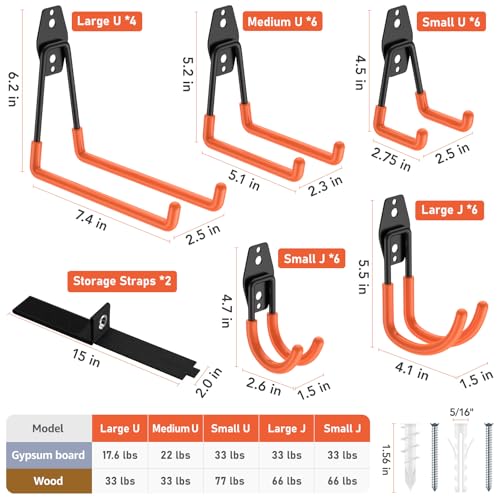 Garage Hooks, Anti-Slip Heavy Duty Wall Mount Hooks, 30-Pack | Hanging Storage for Bikes, Ladders, Hoses, Ropes, Garden Tools - For Warehouse, Workshop, Shed, Shop, Yard