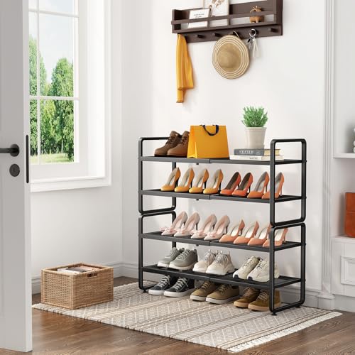 Expandable Metal Shoe Rack for Closet, Entryway & Garage, 4-Tier, Black | Adjustable Height for Boots, Stackable Design, Dense Mesh Shelves for Heels, Fits Small Spaces, Apartments and Rentals