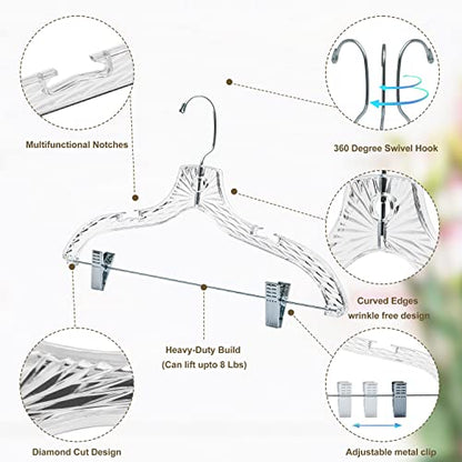 Quality Clear Plastic Skirt Hangers - 12 Pack Crystal Cut for Skirt, Pant, Dress, Suit, Coat Hangers Heavy Duty & Nonslip Design Asujtable Clips, Swival Hook, 17" inch (12, Crystal Skirt)