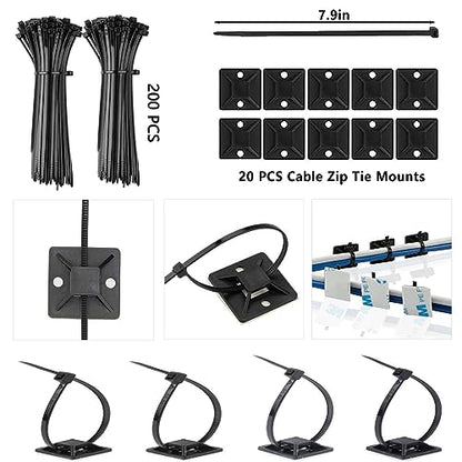 300PCS Cable Management Kit,4 Cable Sleeve 35 Cable Clips | 11Cord Holders,20 Roll Cable Organizer Straps, 200 Fastening Cable Ties,20 Cable Zip Tie Mounts for Computer TV Under Desk