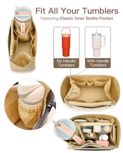 Tote Bag Organizer Insert with Stanley Cup Holder and Zipper Bag, Compatible with Neverfull, Saint Louis and More, 9 Pockets (Beige, Large)