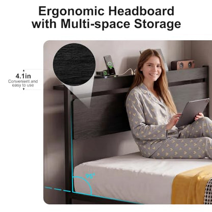 Full Bed Frame with Drawers, Platform Bed with LED Lights & Charging Station, Wood Headboard, Strong Metal Slats Support, No Box Spring Needed, Noise Free, Easy Assembly