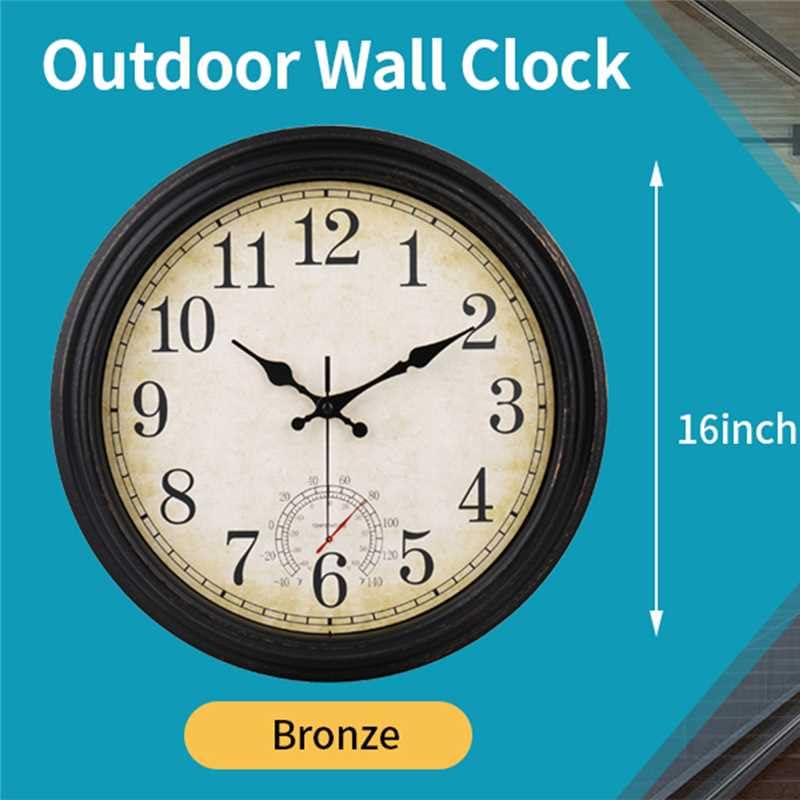 Wall Clock Vintage Style Inodor Outdoor Clock 16 Inch Large Wall Clocks Waterproof with Thermometer for Living Room Patio Pool Garden (Bronze)
