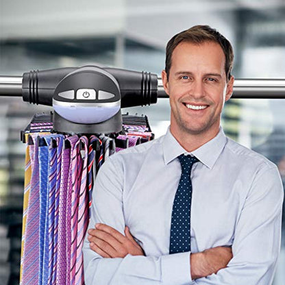 Motorized Tie Rack Closet Organizer with LED Lights Includes J Hooks for Wired Shelving Stores Up to 72 Ties & 8 Belts, Operates with Batteries