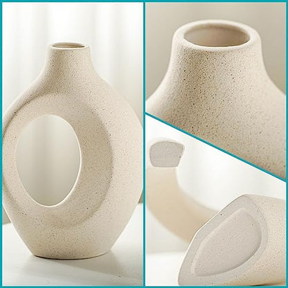 Snuggle Hollow Ceramic Vase Set of 2 Boho Home Table Decor Vase | Modern Nordic Aesthetic Pampas Grass Flower Vases for coffee Centerpiece Living Room Decorative Milky White W6.3" X H8.4"