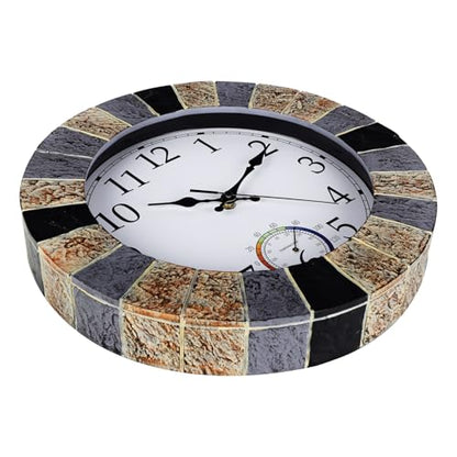Outdoor Clock Waterproof with Thermometer, 13 Inch Silent Rustic Resin Wall Clock Weatherproof Decor for Patio Pool Garden Porch, Faux-Stone Brown