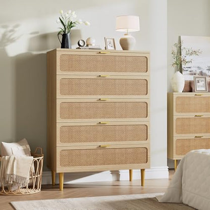 GarveeHome Rattan 5 Drawer Dressers for Bedroom, Deep Drawer, Natural | Tall Dresser, Wide Top, for Living Room, Hallway, Kids Room, Large Chest of Drawers for Closet, Long Wooden Dresser