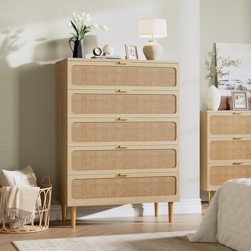 Rattan 5 Drawer Dressers for Bedroom, Deep Drawer,... (Natural | Rattan)