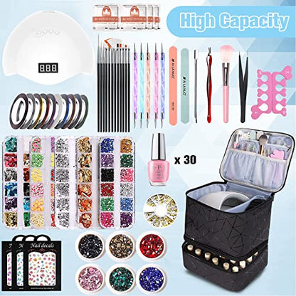 CTWWFS PU Leather Nail Polish Organizer and Nail Lamp Case, Nail Kit Organizer Holds 30+ Bottles (15ml - 0.5 fl.oz) and a Nail Lamp, Nail Polish Carrying Case with Manicure Tools Storage Sections