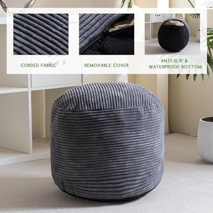 HIGOGOGO Round Stuffed Pouf Ottoman, Corduroy Poufs with Foam Chunk Filling, Furry and Fluffy Pouf Foot Stool Storage Ottoman, 20 X 15 Floor Poufs Foot Rest for Living Room, Dark Grey