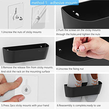 Wall Mounted Shoes Rack 2Pack with Sticky Hanging Strips, Plastic Shoes Holder Storage Organizer,Door Shoe Hangers (SM03-Black-2)