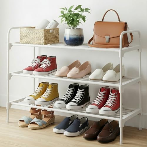 3-Tler Shoe Rack Organlzer, Rustproof lron, Spaclous Shoe Storage Shelf for Closet or Entryway, Fits Sneakers & Slippers, White