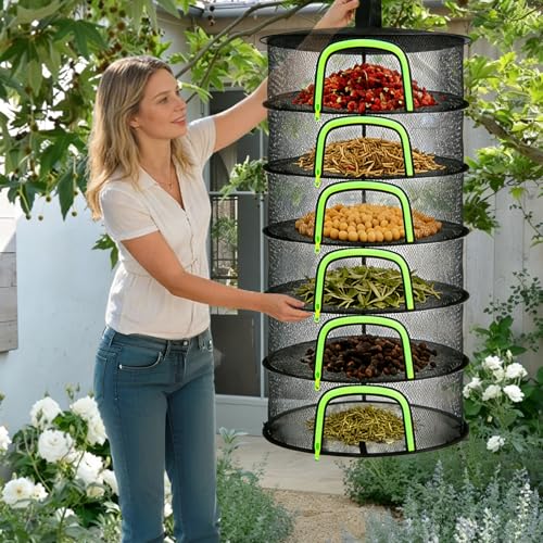Herb Drying Rack Hanging Mesh Net - 6 Tier plant drying rack Foldable Design with U-Zipper, Bonus Pruning Shears & Plant Hooks for Garden Herbs, Vegetables, Fruits, Flowers & Dried Foods (23.62")