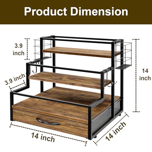Coffee Syrup Organizer Rack, 4-Tier Stand with K-Cup Drawer & Side Hooks