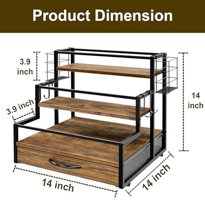 Coffee Syrup Organizer Rack, 4-Tier Stand with K-Cup Drawer & Side Hooks