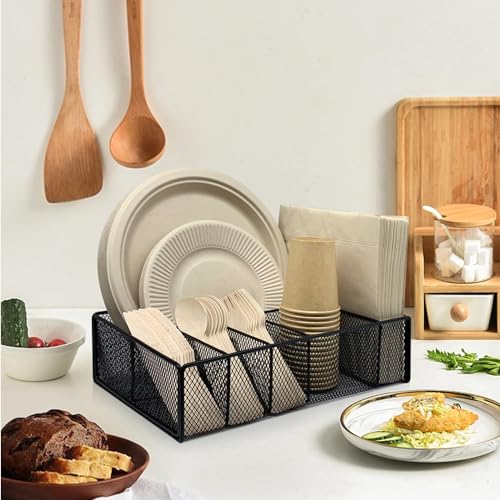 Dysanvica Metal Paper Plate Holder - Utensil Silverware Caddy for Kitchen Counter Cabinet Cutlery Flatware Organizer Storage Dispenser Box for Plastic Spoon Fork Plates Napkins Cup Party Camping Black