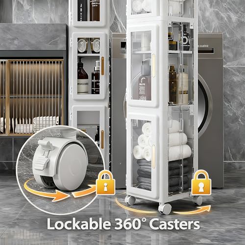 VECELO 4 Tier Tall Plastic Slim Storage Cabinet with Lockable Wheels, Adjustable Shelves, Anti-Tip for Bathroom, Living Room, Laundry Room, Kitchen, Narrow/Small Space, Easy Assembly, Clear