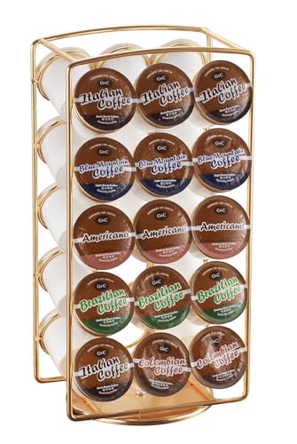 Tabletop K Cup Holder, Coffee Pod Stand Holder, K-Cups Capsule Storage Rack for 30 pods, 360 degrees rotatable, No Assembly Required, Gold