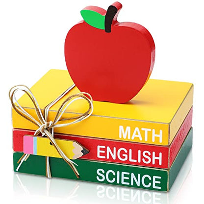 4 Pcs Back to School Table Decoration Wooden Apple Decorative Trays | Apple Prop with Pencil Stacks Books Centerpiece First Day of School Gifts Desktop for Teachers Office Classroom Decor