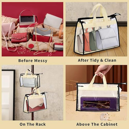 9 Pack Dust Bags for Purses and Handbags, Purse Storage Organizer | Handbag Dust Bags, Clear Handbag Storage Organizer, Purse Cover Hanging Closet Organizer with Zipper, Handles and Hooks