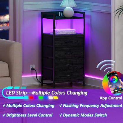 Night Stand with Charging Station,LED,Tall Bedside Table for Dorm | 4 Drawer Dresser for bedroom, with LED light & Remote Control, Fabric Bins and Metal Frame,Wood Desk Top,Easy Assemble,Black