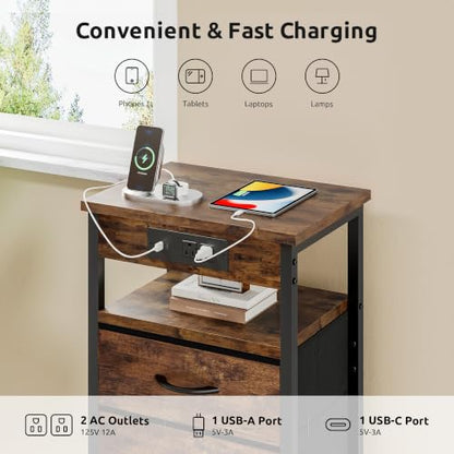Night Stand with Charger Station for Bedroom, Brown Nightstand | Bedside Table, Open Shelf, 2 Fabric Drawers, Built in USB-A, USB-C Port & AC Outlets, For Dorm, Living Room, Bedroom
