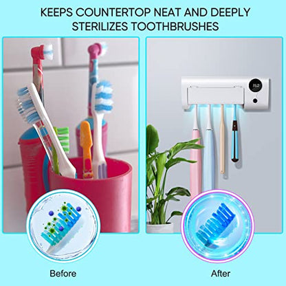 UV Toothbrush Holder for Bathroom, Toothbrush Cleaner Wall Mounted Cordless | Rechargeable, Timer Function & LCD Working Display, Easy Installation with Adhesive Stickers, Holds 4 Toothbrushes