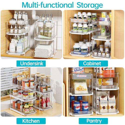 Delamu 2 Sets of 3-Tier Bathroom Under Sink Organizers and Storage, Multi-Purpose Stackable Pantry Organization and Storage, Pull Out Clear Kitchen Bathroom Cabinet Organizer with Movable Dividers | Storage