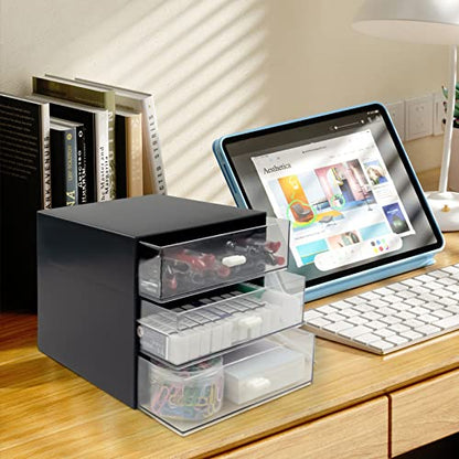 Desk Organizer with Drawer, Desk Storage Box (3 drawer, Black) | [Plastic Office Stationery Supplies Organizers] [Desktop Organizer for Office School Home ]